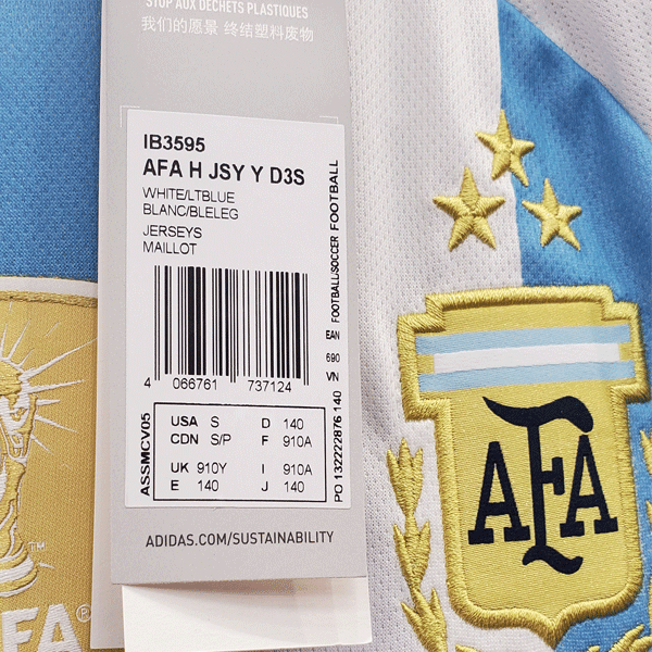 Argentina Home Youth 3 Stars Jersey